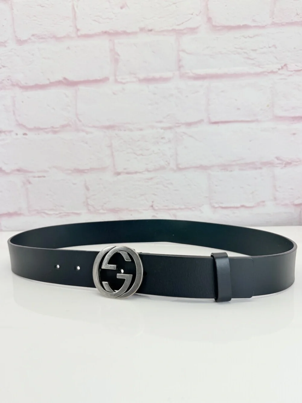 Gucci Black Leather Interlocking Gg Belt with Silver Double G Logo 546389 85/34